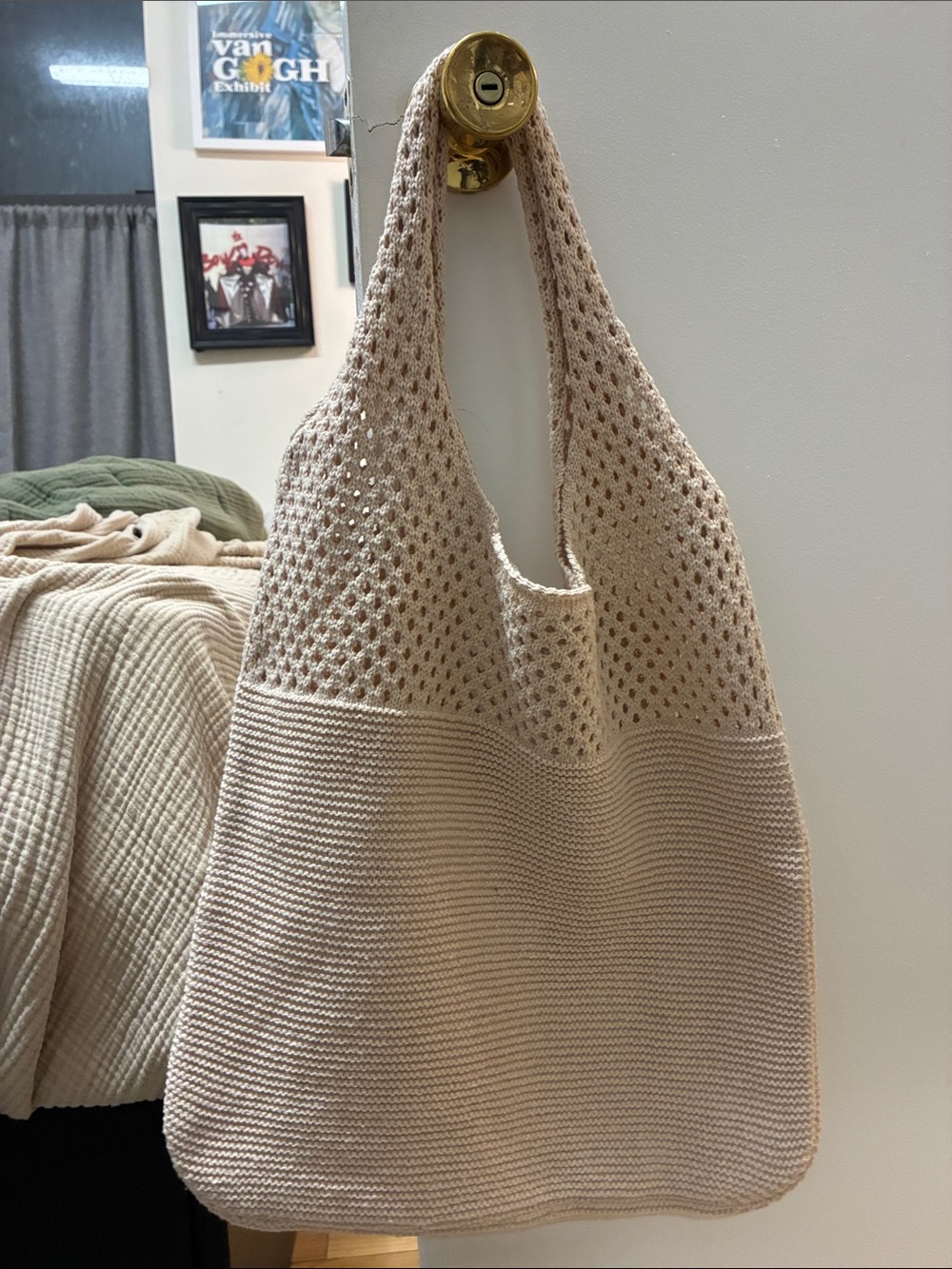 Casual Crochet Tote Bag in Beige